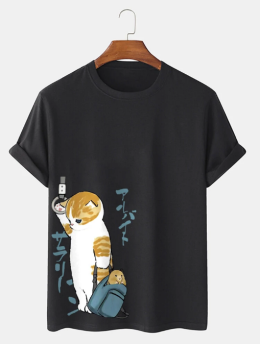 تي شرت آستين کوتاه يقه نخي  به سبک ژاپني گربه اي